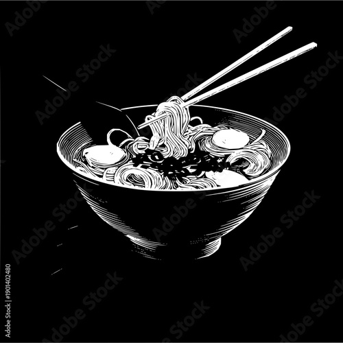 A bowl of noodles with meatballs and seaweed being lifted with chopsticks in black and white style art