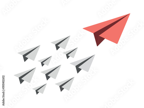 A red paper airplane leads a group of white paper airplanes in a creative symbol of innovation and leadership.