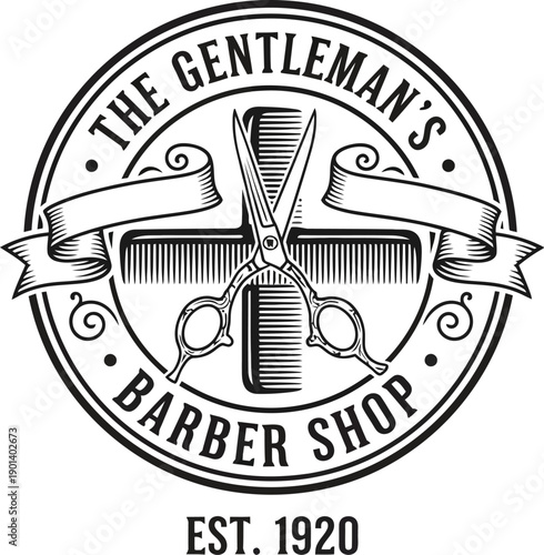 Vintage Barber Shop Emblem: A classic barbershop emblem, with scissors, comb, and banner, perfectly capturing the essence of an old-fashioned gentlemen's grooming establishment.
