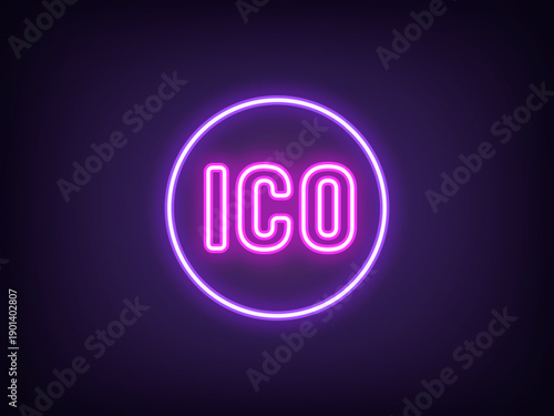 Outline neon ICO icon, violet magenta. Neon round tag for Initial coin offering. New token on crypto exchange, attract money with ICO, launch new cryptocurrency, investments in crypto coins. Vector