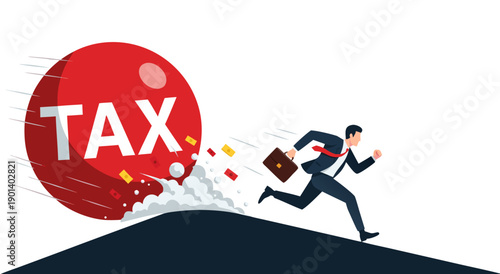 Vector illustration of a businessman running from a large red ball with the word TAX on it, concept of tax evasion