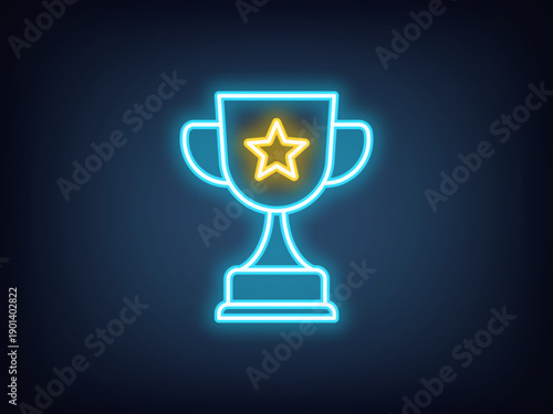 Outline neon award goblet, blue yellow. Neon reward cup icon with star. Award super cup, sport trophy and top achievement, game prize, sport victory, champion reward, winner triumph. Vector
