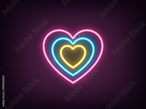 Outline neon target heart, pink blue yellow. Neon heart sign with concentric outline shape. Love target, concentric heart line, romantic dating, valentine day, love center and passion. Vector