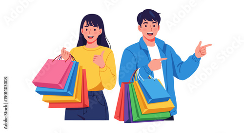 Happy Couple Enjoying Shopping Together, Vector Illustration of a Man and Woman Carrying Shopping Bags