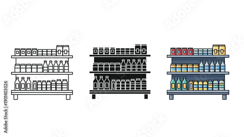 Set of three grocery store shelves with various products, presented in outline, solid black and color vector styles