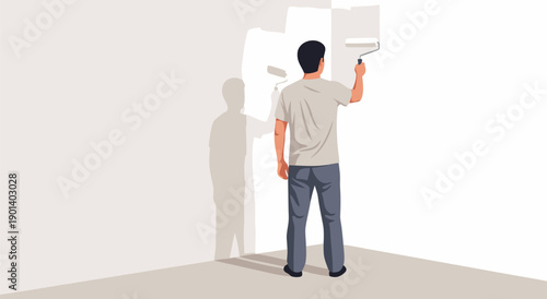 Man painting a white wall in the corner of a room, vector illustration of home improvement and renovation