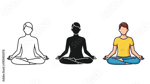 Set of three illustrations of a person meditating in lotus position outline, silhouette and colored version