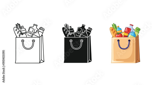 Grocery shopping bag full of food items, bread, bottles, and vegetables in outline, silhouette and color vector styles