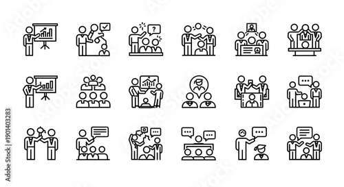 Illustrations of diverse group activities and presentations in various settings Vector