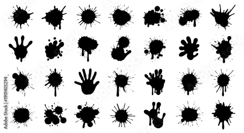 Collection of various abstract black ink splatter and handprint designs on a white background Vector