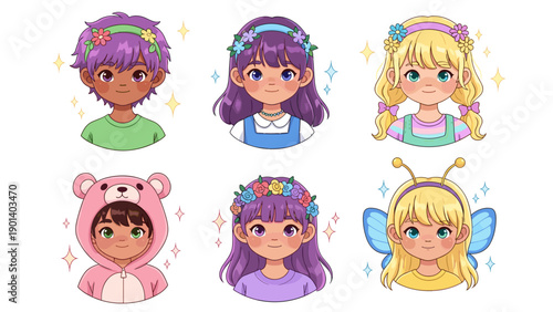 Whimsical cartoon characters with colorful hair and magical accessories in a playful style Vector