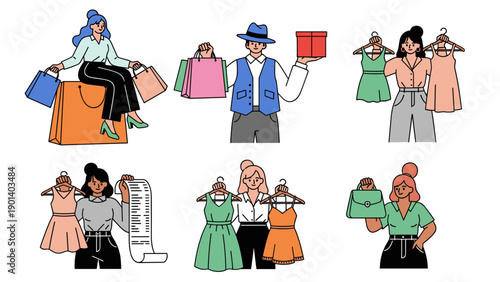 Diverse group of shoppers with various bags and accessories in a shopping scene Vector