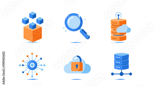 Essential icons representing modern data management and cloud computing services. Vector