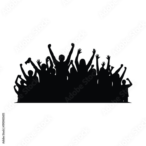 Crowd of people celebrating with raised hands in black silhouette