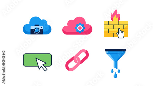 Illustrations of various cloud computing and data management icons Vector
