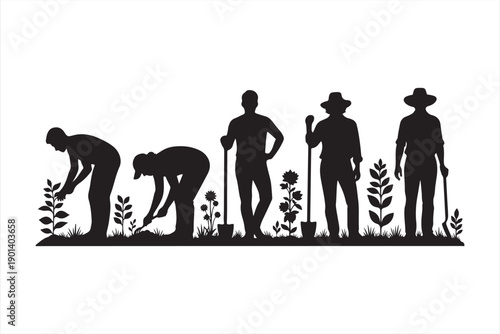 Silhouettes of people gardening showcasing various stages of plant growth and labor
