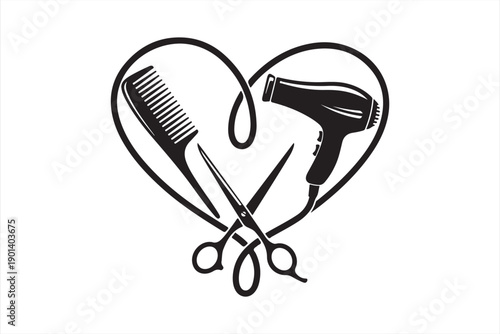 A black and white heart shape contains hairstyling tools a comb scissors and a hair dryer
