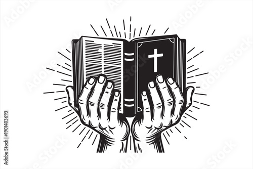 An open book with a cross is held by two praying hands radiating light