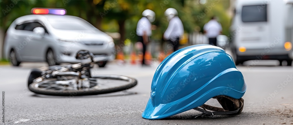 Fototapeta premium A blue and white cycling helmet rests on a concrete surface with a car's headlights shining in the background during the night