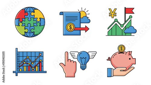 Illustrations depicting various aspects of global finance and economic growth Vector