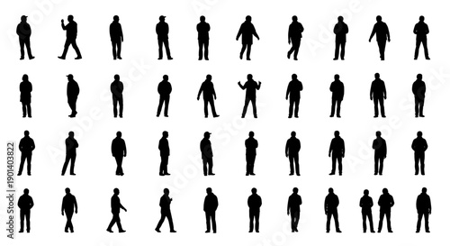 Collection of silhouettes depicting various human walking and standing postures in a grid layout Vector