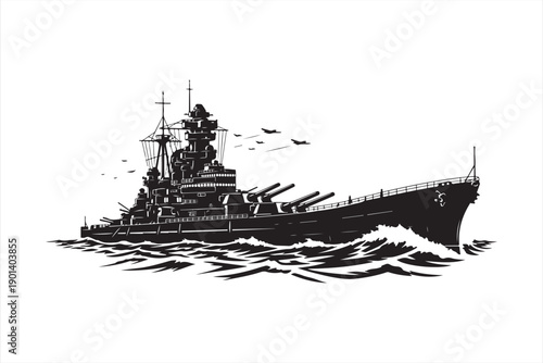 A stylized black and white illustration of a battleship sailing on choppy water