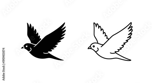 Two black and white birds flying in opposite directions Vector