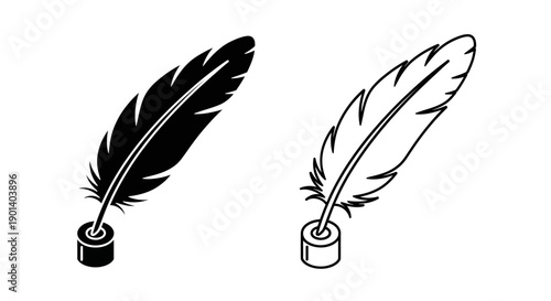 Two quill pens dipping in inkwell, vintage illustration style, black and white Vector