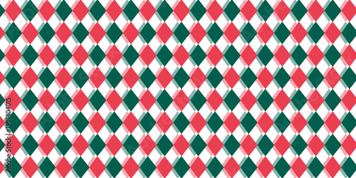 Christmas rhombus seamless pattern. Red and green xmas plaid texture with gold line. Argyle geometric diamond pattern. Christmas abstract wrapping bg. Vector illustration isolated on white background