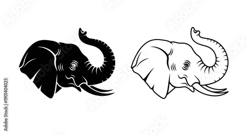 Two elephants, one black and one white, facing each other, vector illustration Vector