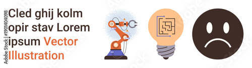 Automation, innovation, emotional states, design concepts, artificial intelligence, problem-solving. Robotic arm, lightbulb with a circuit and sad face icon . Automation and innovation