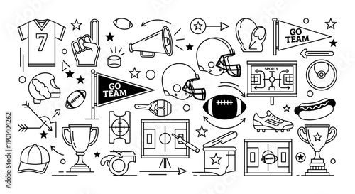 A collection of icons representing various sports, entertainment, and technology elements Vector