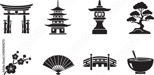 A collection of iconic symbols and landmarks representing japanese culture and heritage