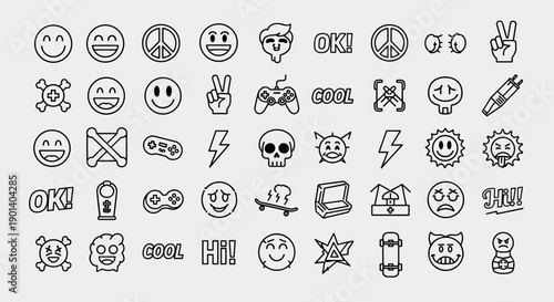 Collection of diverse emoji-style icons depicting various emotions, objects, and actions Vector