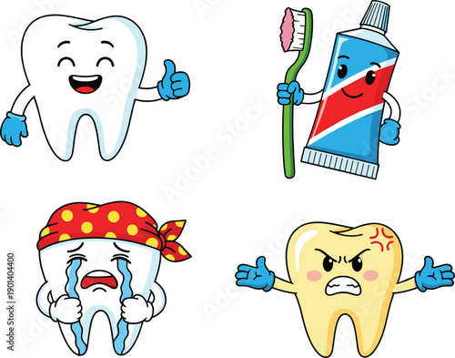 Cute cartoon dental mascot set featuring happy tooth with thumbs up toothbrush toothpaste tube crying sad tooth and angry yellow cavity tooth