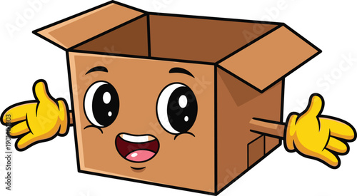 Cute cartoon cardboard box mascot with a happy face and open arms isolated on white background for delivery shipping and packaging