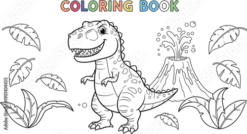 Coloring book page for kids featuring a cute cartoon Tyrannosaurus Rex dinosaur standing near an erupting volcano with tropical jungle leaves