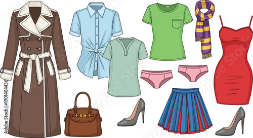 Vector illustration of women fashion collection featuring brown trench coat red dress blue skirt green t-shirt handbag and heels for seasonal wardrobe