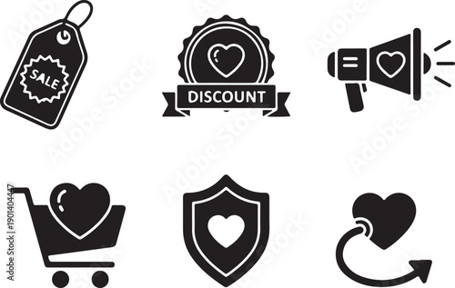 Set of six black and white icons representing various aspects of online shopping and security