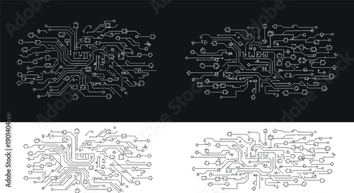 Futuristic digital circuit board motherboard background set with high tech electronic paths and processor connections in black and white line art
