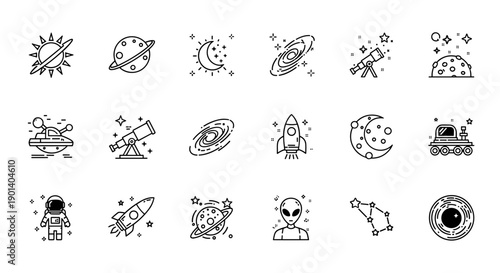 Whimsical collection of space and science-themed icons in a black and white line art style Vector