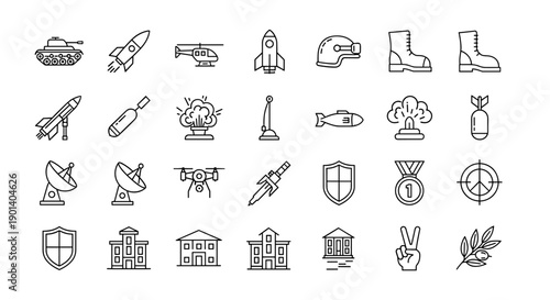 Collection of icons representing various military, law enforcement, and communication symbols Vector