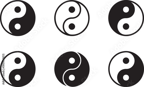 Six variations of the ancient yin and yang symbol in black and white