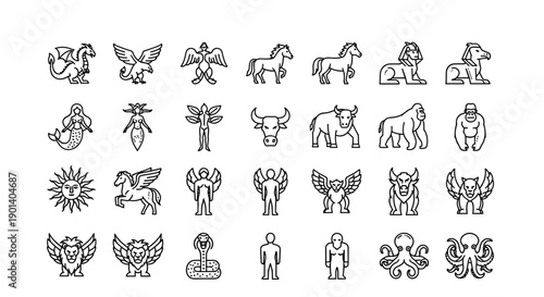 Ancient glyphs and symbols depicting mythical creatures and celestial motifs Vector