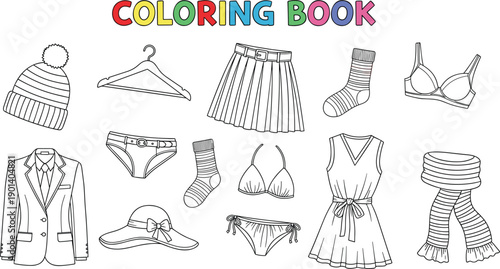 Educational Clothing Coloring Book Page Featuring Various Apparel Like Dress Suit Skirt Hat Scarf and Socks for Kids Creative Fashion Design Activity