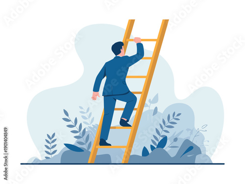 A determined businessman climbing a ladder to success in a professional setting
