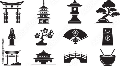 Diverse collection of traditional japanese cultural symbols and icons