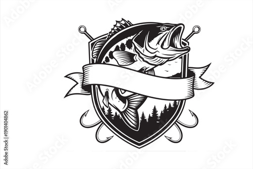 Vintage style emblem featuring a largemouth bass fishing hooks and forest backdrop