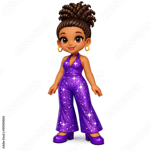 Female with curly hair in high bun Wearing sparkly purple jumpsuit and matching shoes