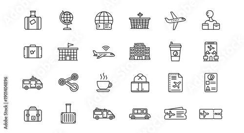 Collection of icons representing various transportation, lodging, and service locations Vector